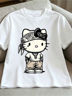 Hip-hop fashion style Hello Kitty print white Women Men T-shirt Unisex